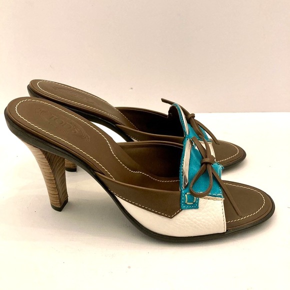 TOD'S Slides Heels Mules Womens 8.5 Brown Blue White Leather Open Toe‎ Slip on - Picture 2 of 11